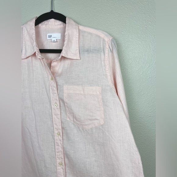 GAP Women's Medium Linen Boyfriend Shirt Pink Dye Coastal Button Front Collared - Picture 3 of 15